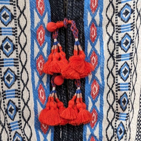 Tory Burch Boho Oversized Blaire Poncho M/L - w/ Tassles, New Ivory / Navy Sea - Picture 10 of 12